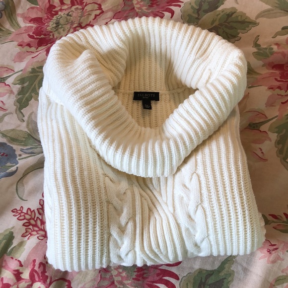 TALBOTS Size Large P Rib Fisherman Turtleneck ECRU Cotton Rayon Cashmere Nylon - Picture 13 of 13